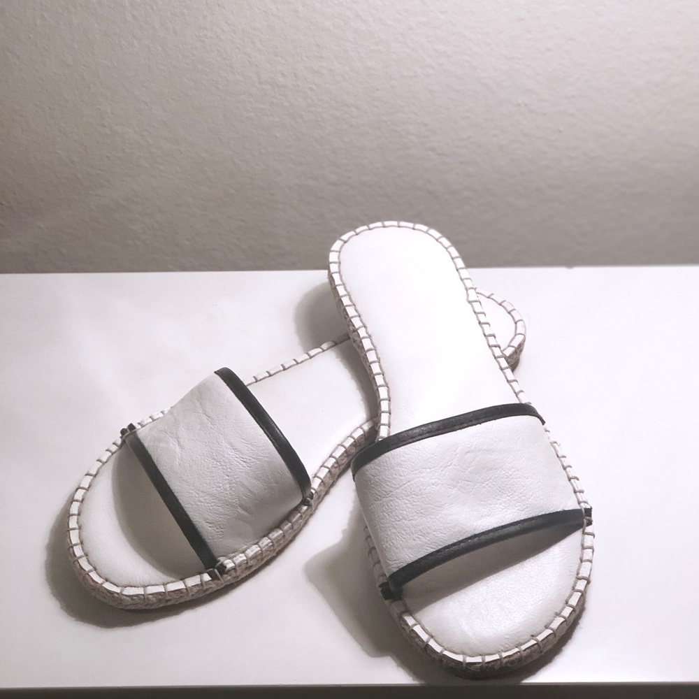 White Leather Flat Espadrille Sandal Black Trim 7